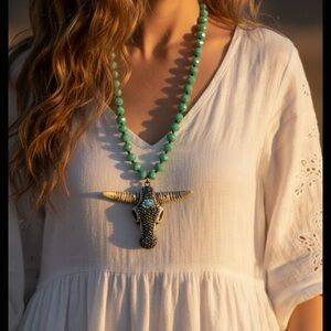 Turquoise Beaded Necklace with Bull Pendant
